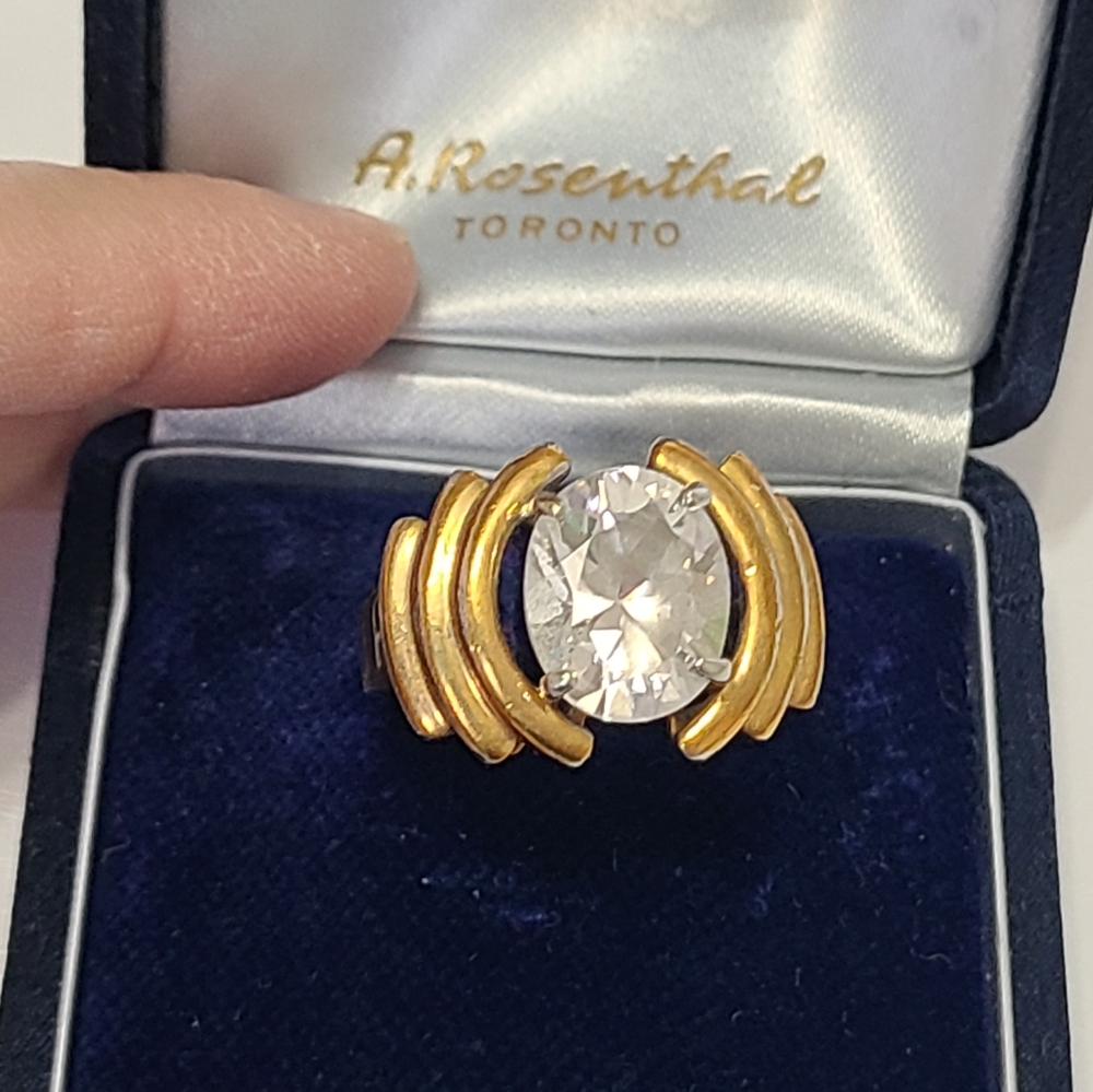 Vintage Large Chunky Gold Plated Oval Crystal CZ Men's Statement Ring 9